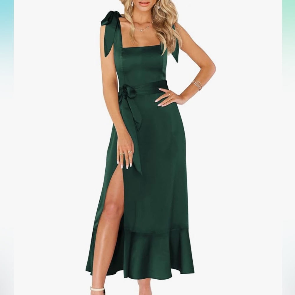 Dark Green Satin Dress with Bows